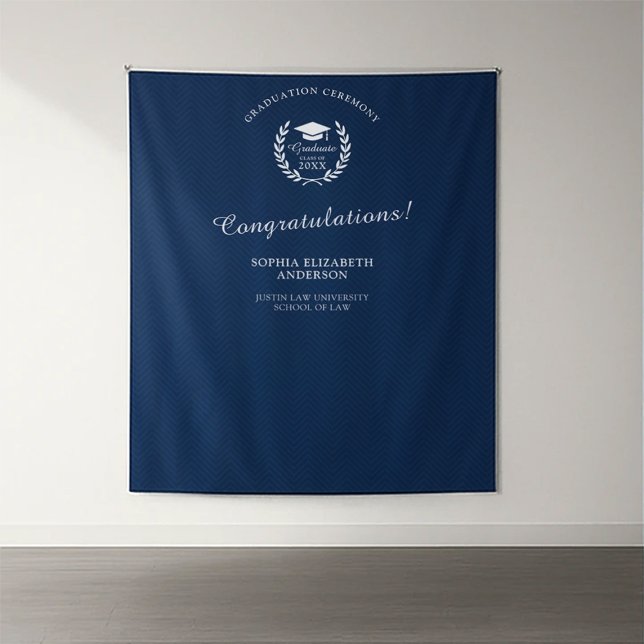 Graduation Party Navy Blue Laurel Wreath Backdrop Tapestry (Creator Uploaded)