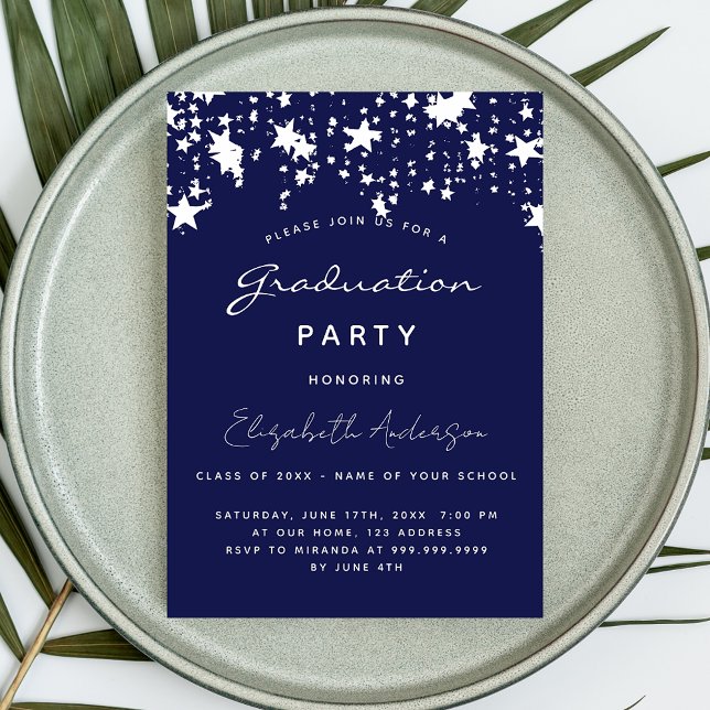 Graduation party navy blue white stars invitation postcard (Creator Uploaded)