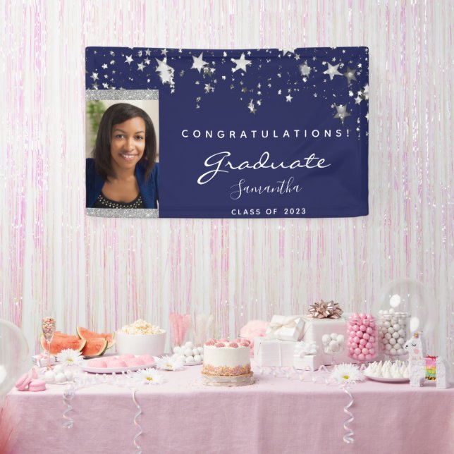 Graduation party navy blue white stars photo 2023 banner (Party)