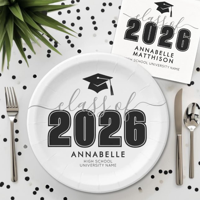 Graduation Party Paper Plate (Graduate Black White Graduation Party Paper Plates)