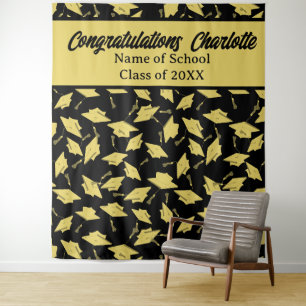 Graduation Party Personalized Photo Op Black Gold Tapestry