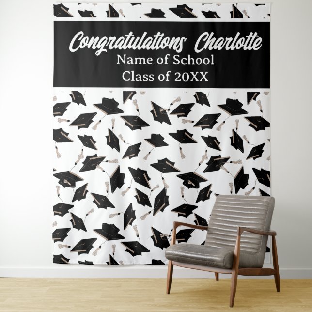Graduation Party Personalized Photo Op Black White Tapestry (In Situ)