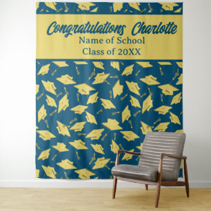 Graduation Party Personalized Photo Op Blue & Gold Tapestry