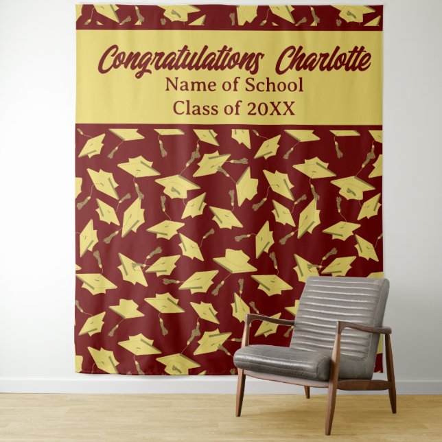 Graduation Party Personalized Photo Op Maroon Gold Tapestry (In Situ)