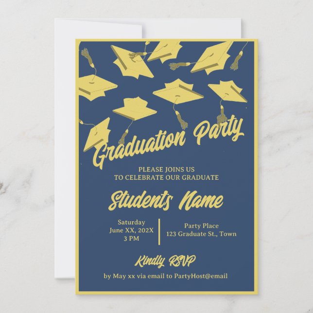 Graduation Party Photo Blue and Gold Mortarboards Invitation (Front)