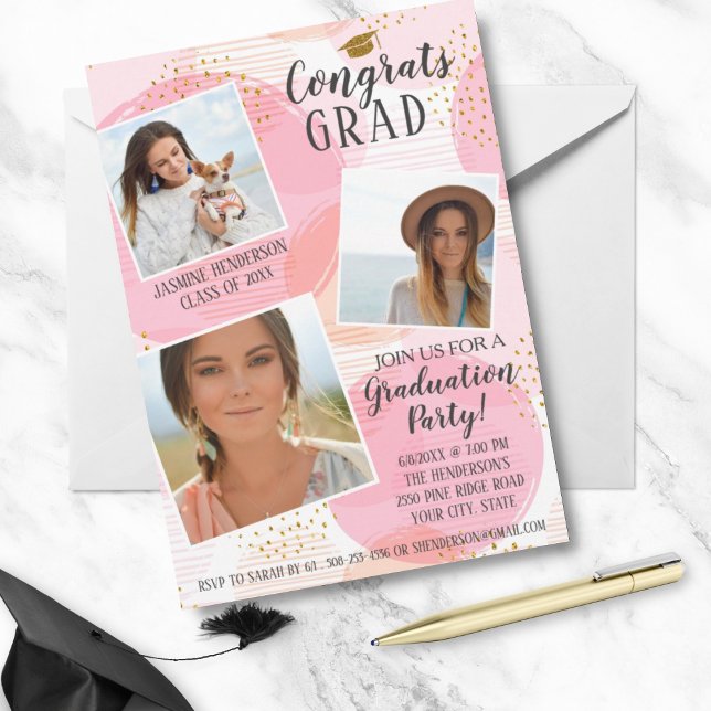Graduation Party Photo Collage Blush Pink Trendy Invitation (Creator Uploaded)