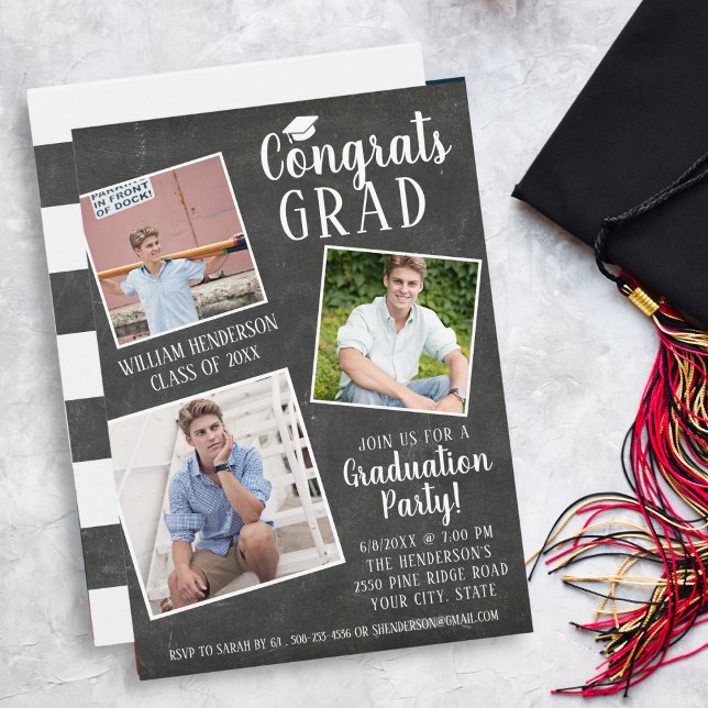 Graduation Party Photo Collage Chalkboard Stripes Invitation (Creator Uploaded)