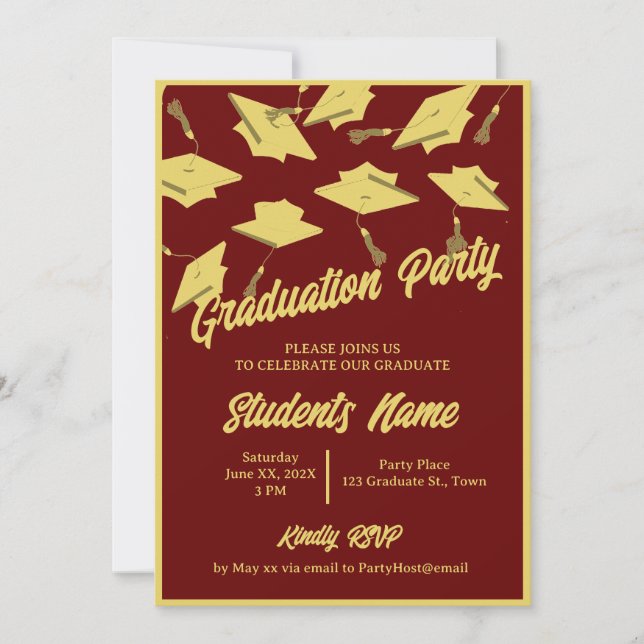 Graduation Party Photo Maroon and Gold Mortarboard Invitation (Front)
