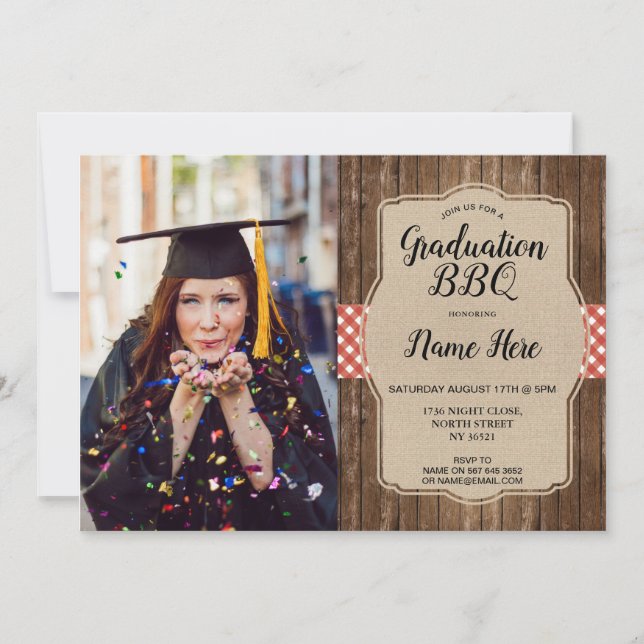 Graduation Party Photo Red Gingham BBQ Burlap Grad Invitation (Front)