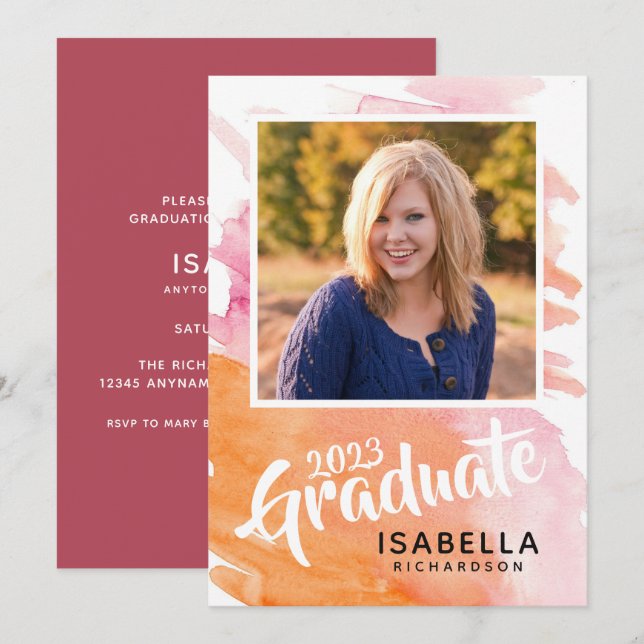 Graduation Party Pink and Orange Watercolor Invitation (Front/Back)