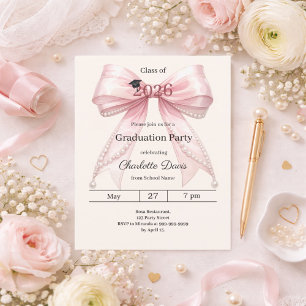 Graduation party pink bow cream invitation