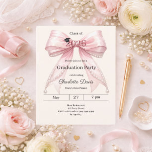 Graduation party pink bow photo cream invitation