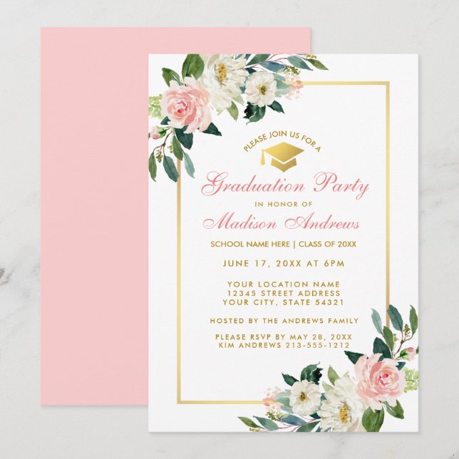 Graduation Party Pink Floral Gold Invitation Pk (Front/Back)