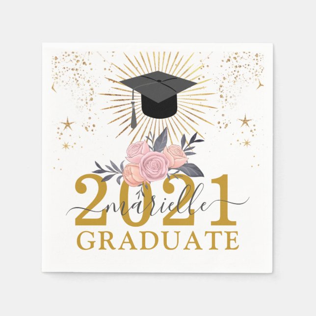 Graduation Party Pink Gold Script Signature Napkin (Front)