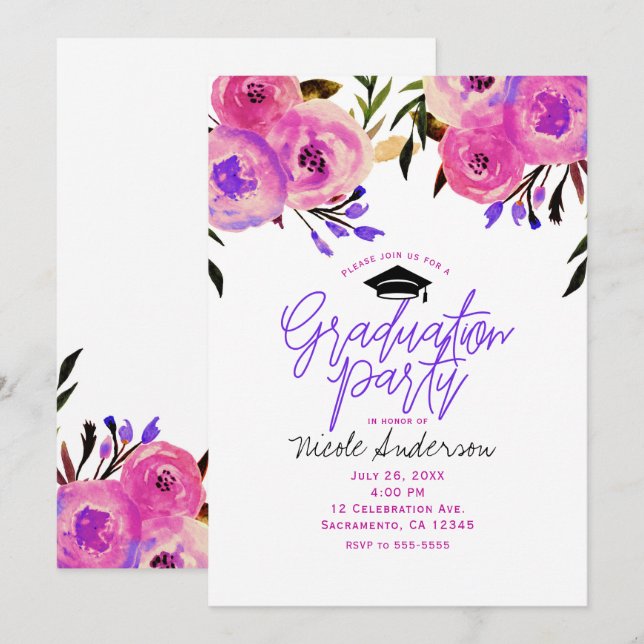Graduation Party Pink Purple Bright Modern Floral Invitation (Front/Back)