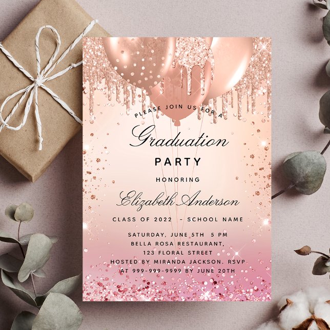 Graduation party pink rose gold balloons invitation (Creator Uploaded)