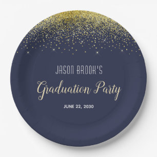 Graduation Party Platinum Gold Confetti Black  Inv Paper Plate