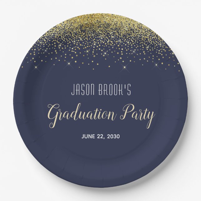 Graduation Party Platinum Gold Confetti Black  Inv Paper Plate (Front)