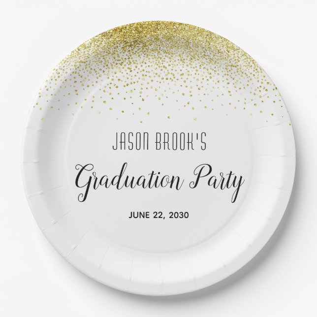 Graduation Party Platinum Gold Confetti On White Paper Plate (Front)