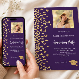 Graduation party purple gold confetti girl photo invitation