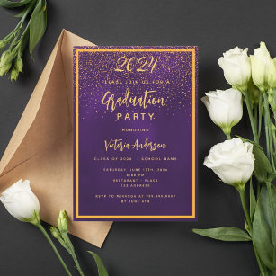 Graduation party purple gold confetti invitation