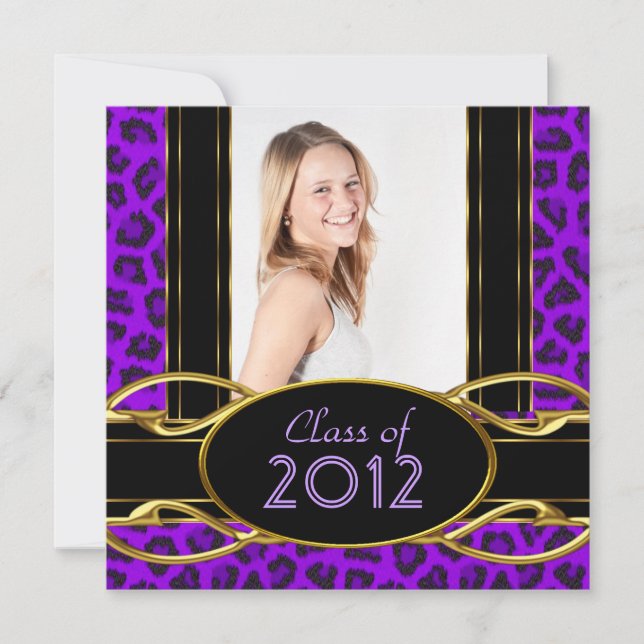 Graduation Party Purple Leopard Gold Girl Invitation (Front)