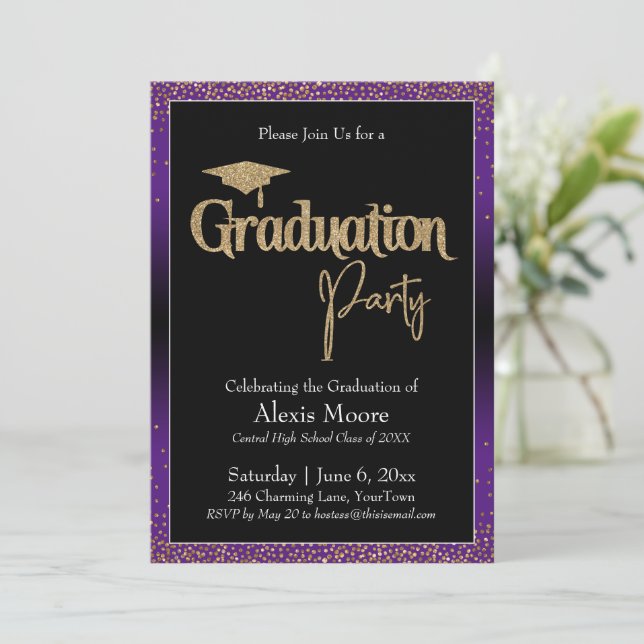 Graduation Party Purple Ombre Confetti Invitation (Debout devant)