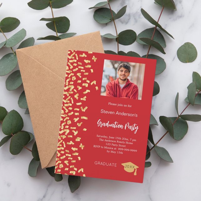 Graduation party red gold confetti photo invitation (Creator Uploaded)