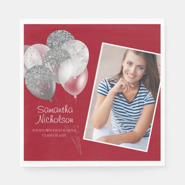 Graduation Party Red Silver Glitter Balloons Photo Napkin (Front)