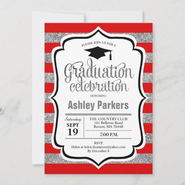 Graduation Party - Red Silver Stripes Invitation (Front)