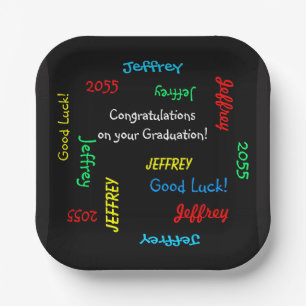 Graduation Party Repeating Names Square Black Paper Plate