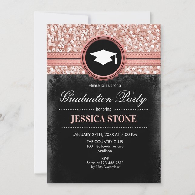 Graduation Party - Rose Gold Black Invitation (Front)