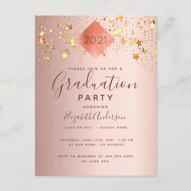 Graduation party rose gold topper stars postcard (Front)