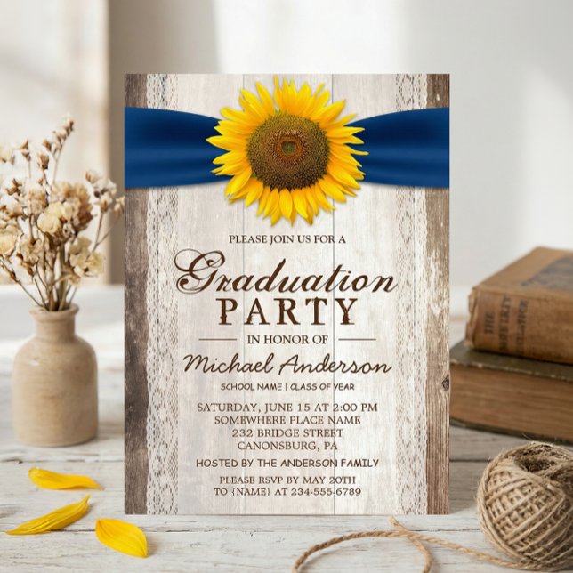 Graduation Party Rustic Barn Wood Sunflower Ribbon Invitation (Creator Uploaded)