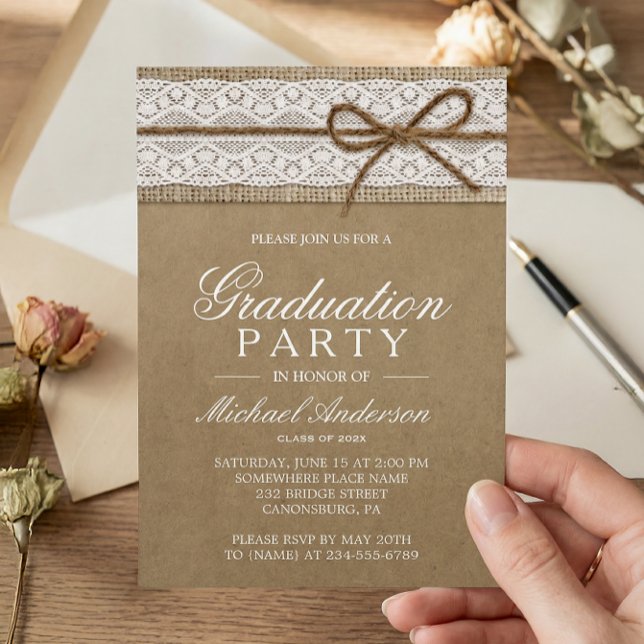 Graduation Party Rustic Burlap String Bow Lace Invitation (Creator Uploaded)