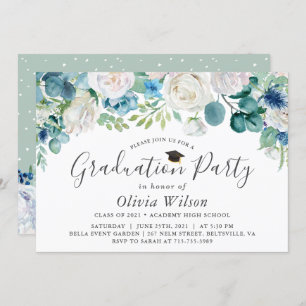 Graduation Party Sage Green Blue White Floral Invitation