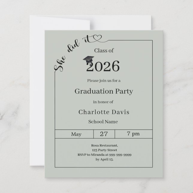 Graduation party Sage Green She did it invitation (Front)