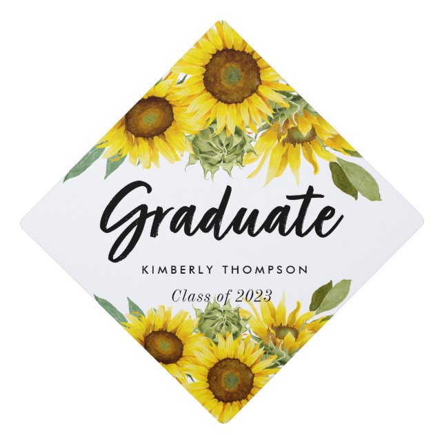 Graduation Party Script Celebration Sunflower Graduation Cap Topper (Front)