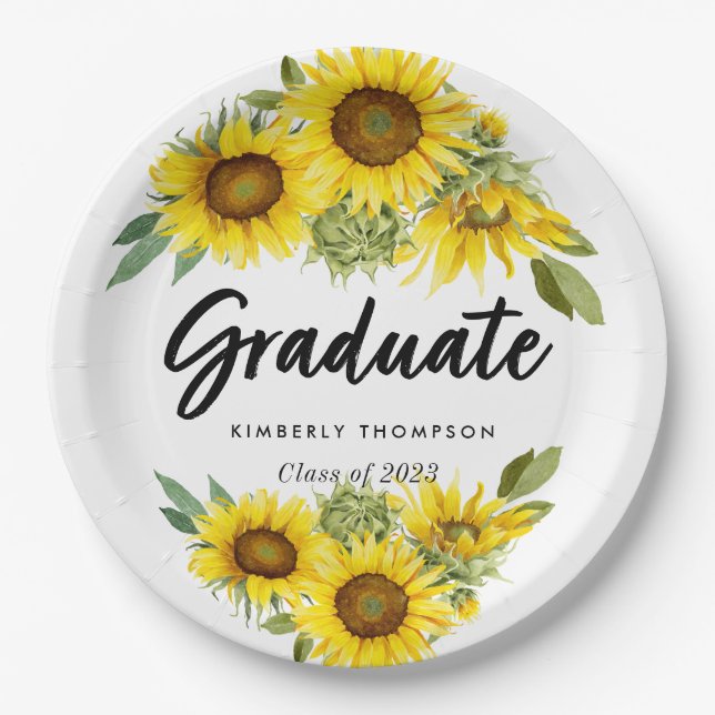 Graduation Party Script Celebration Sunflower   Paper Plate (Front)