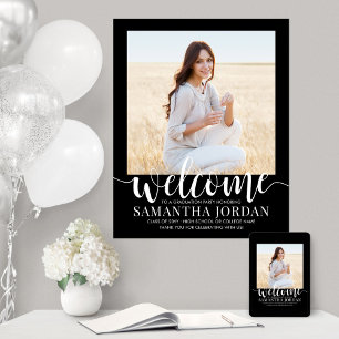 Graduation Party Script Welcome Modern Photo Black Poster