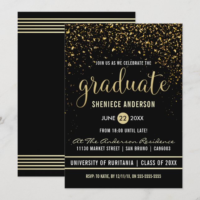 Graduation Party | Shimmering Gold Confetti Invitation (Front/Back)