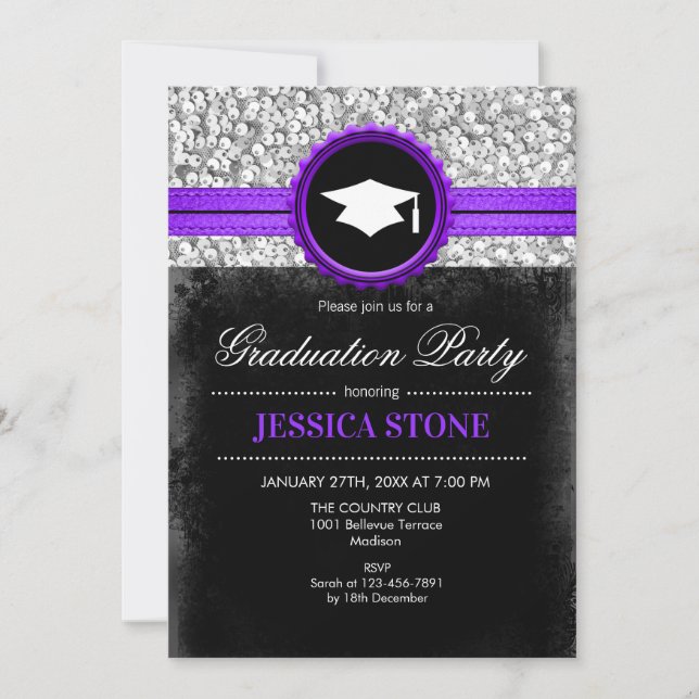 Graduation Party - Silver Black Purple Invitation (Front)