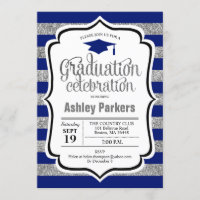 Graduation Party - Silver Navy Blue Stripes