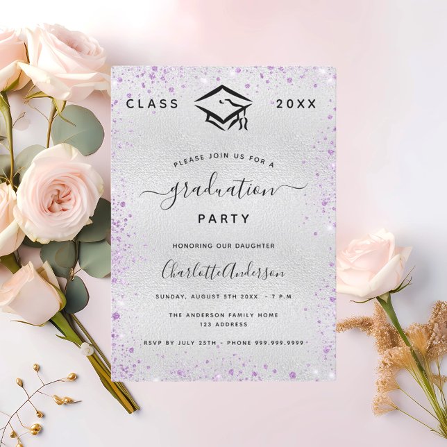 Graduation party silver violet glitter invitation (Creator Uploaded)