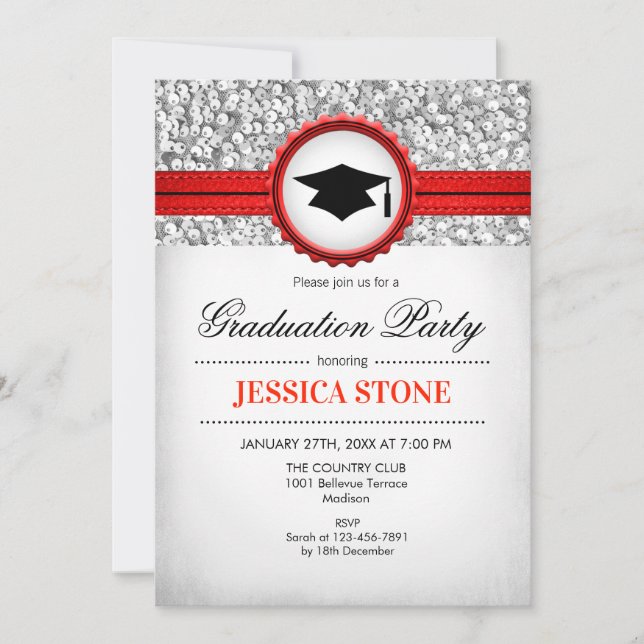 Graduation Party - Silver White Red Invitation (Front)