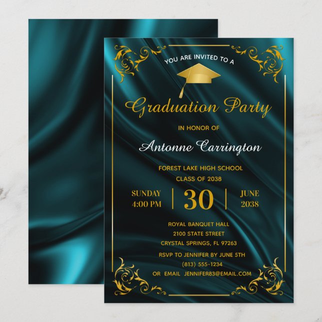 Graduation Party Sparkle Teal Satin Flourish Frame Invitation (Front/Back)