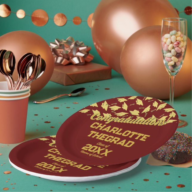 Graduation Party Supplies Personalized Maroon Gold Paper Plate (Multi)