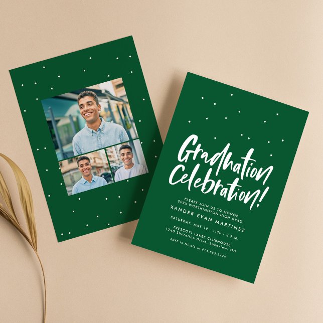 Graduation party three photo fun green confetti invitation (Creator Uploaded)
