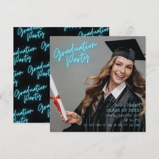 Graduation Party Turquoise Neon Modern Invitation (Front/Back)