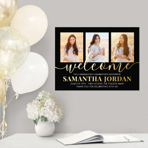 Graduation Party Welcome 3 Photo Black and Real Foil Prints